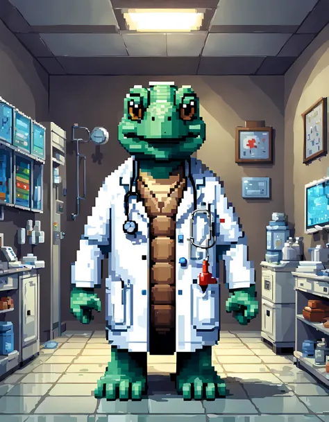 (pixel art:1.3), (solo:1.3), ((highly intelligent turtle doctor)) adorned in a white lab coat and stethoscope, the doctor's clin...