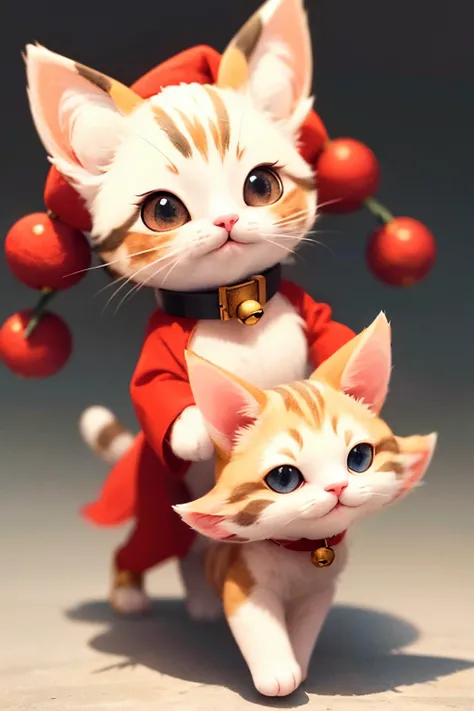 3D vector art、Calico cat、cat is wearing a christmas hat、cat has a bell&#39;Collar、 cute christmas present, the cat is fluffy、Ultra-realistic high quality, Cute and quirky, Fantasy Art, Watercolor effect、girl hugging a cat