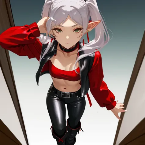 Frieren, twintails, earrings, small tits ,red shirt, open shirt, black leather vest, black leather pants, red boots, restaurant,