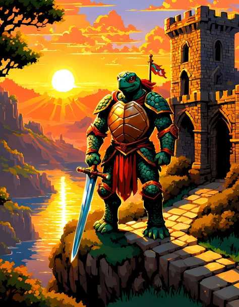 (pixel art:1.3), (solo:1.3), (((brave turtle knight))) stands at the gates of an ancient castle perched on a cliff, overlooks ro...