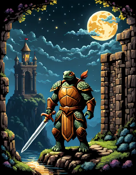 (pixel art:1.3), (solo:1.3), (((brave turtle knight))) stands at the gates of an ancient portal perched on a cliff, overlooks rolling meadows and distant mountains, clad in gleaming armor, carries a sword and shield, as the bright moon casting a otherworld...