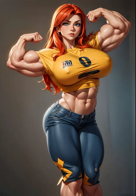 a cartoon of a young red-headed woman with a muscular body and a yellow shirt, Black yoga shorts, muscular girl, muscular character, bursting with muscles, huge muscles, big muscles, massive muscles, large muscles, muscular!!, strong pose, muscular, muscul...