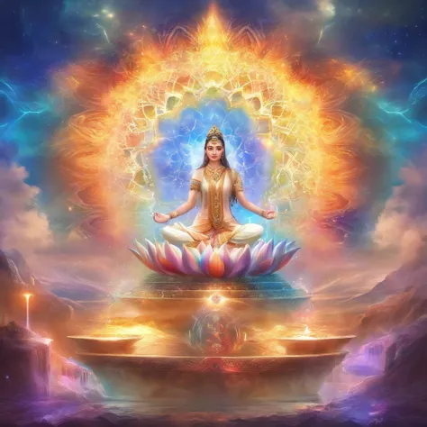 Colorful glow, Yoga position light spectrum with the seven chakras around, vibrante colorsa colorslashh An explosion of colors, Beautiful woman in white sitting on water lilies, complex stuff around, intricate in the background, Spiritual, divine, dreamlik...