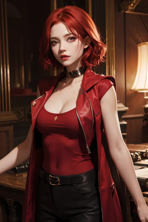 Female sorceress,red hair,short hair,red eye,red shirt,red sleeveless coat,black trousers