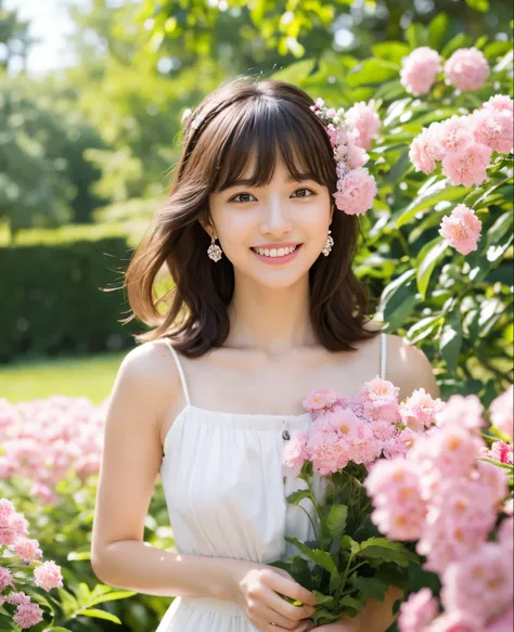 ((Masterpiece)), 8k, Best quality, 1 girl, Solo, Real, Garden, Photorealistic, Super detailed, Detailed background, (Solo: 1.4), Wearing a simple white dress, Happy expression, Slender Body, realistic and detailed half hair, intricate details, masterpiece,...