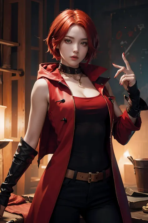 Female sorceress,red hair,short hair,red eye,red shirt,red sleeveless coat,black trousers