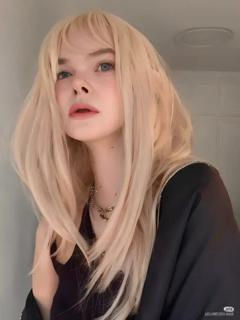 mulher loira com cabelos longos posando para uma selfie, Elle Fanning atriz, extremely pale blond hair, longos cabelos brancos e franja, very very pale blond hair, branco hime corte penteado, com cabelos longos brancos, com longos cabelos loiros, Ulzzang w...