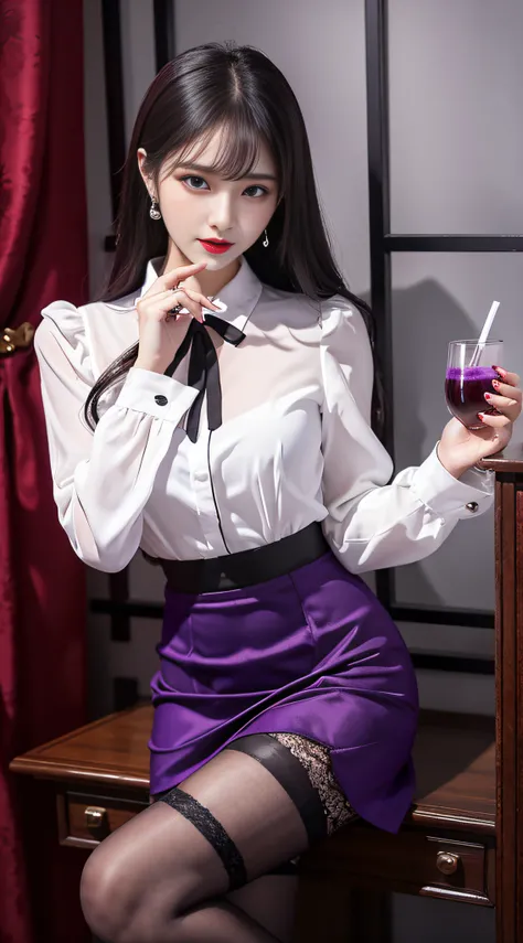 Charming beauties、校服、blouse、tight skirts、Evil Female Executive、Evil Fall、dark、brainwash、panthyhose、lacy fabric、Glossy legs、Red lipstick、Evil look、Suspicious look、Hollow eyes、darkened room、Night、wicked、drink purple liquid、seductiv