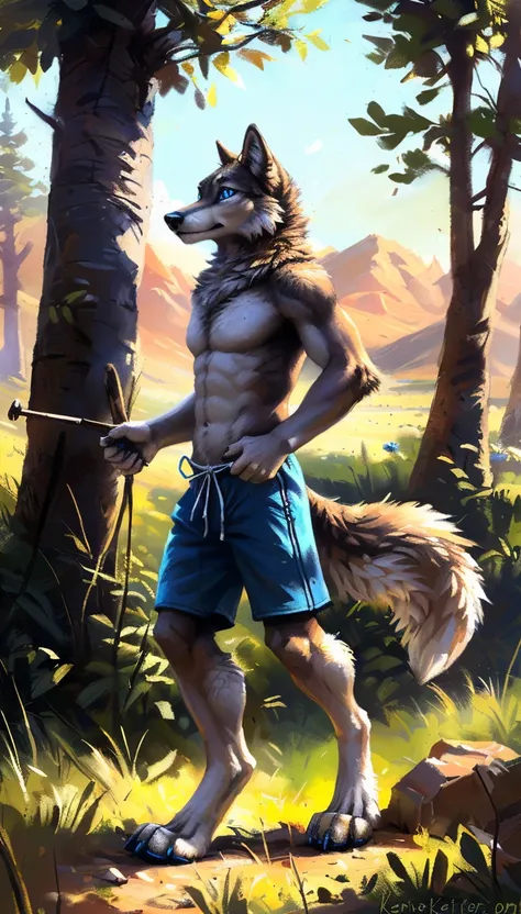 ((solo)), male people, anthro wolf, (multi-colored fur, white-brown:1.3，white tail pointed), (height 2.1m,tail length 1.2m), ((w...