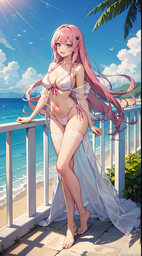 Pink long hair girl，sexy for, Cute and well-behaved，Very happy，elongated, Slender white legs，The body proportions are perfect, long slim figure, Full body photo，Hot pink tulle see-through bikini，The breasts are slightly bigger，hot beach，Barefoot