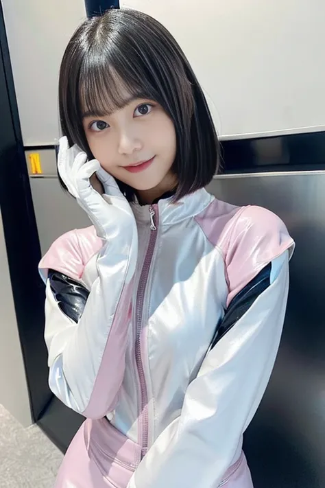 (shiny rubber suit, smile, stare at viewer, leaning forward, 1 girl, looking at viewer, from front, facing straight at viewer, hand on hips, pink and light blue and white clothes, white gloves, futuristic space suit, inside spaceship room), upper body, bod...