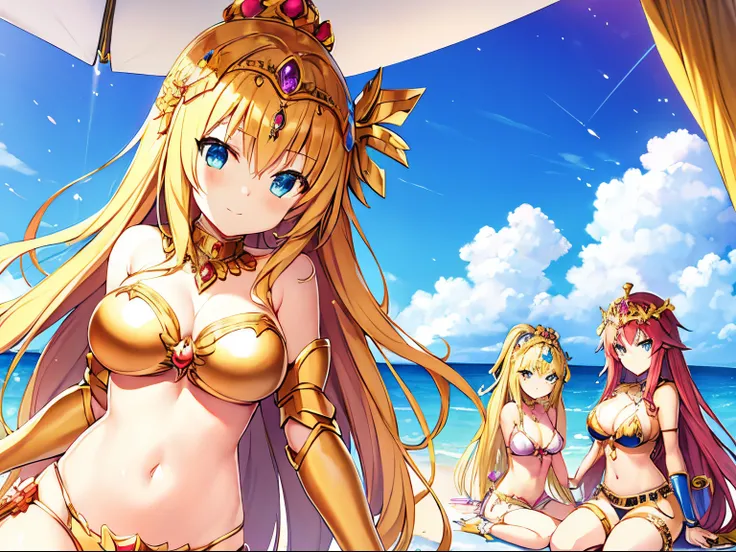 ornate bikini armor, anime goddess, anime girl in bikini with a crown on her head, a beautiful fantasy empress, goddess of summer, cleopatra portrait, anime girl in bikini with long hair and gold jewelry on beach,