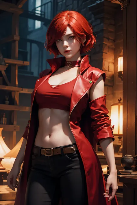 Female sorceress,red hair,short hair,red eye,red shirt,red sleeveless coat,black trousers,fantasy costume