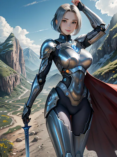 超A high resolution、An ultra-high picture quality、8K、Detailed details、marvelous expression、girl of steel、Cyborg girl、slender physique、Silver-haired short bob、Wearing blue metal armor、With a big sword、Run briskly、Pretty smile、mountain meadow landscape