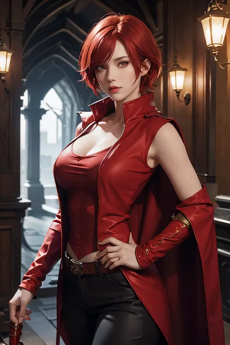 Female sorceress,red hair,short hair,red eye,red shirt,red sleeveless coat,black trousers,fantasy costume