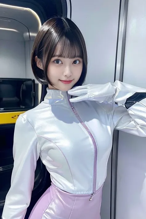 (shiny rubber suit, smile, stare at viewer, leaning forward, 1 girl, looking at viewer, from front, facing straight at viewer, hand on hips, pink and light blue and white clothes, white gloves, futuristic space suit, inside spaceship room), upper body, bod...