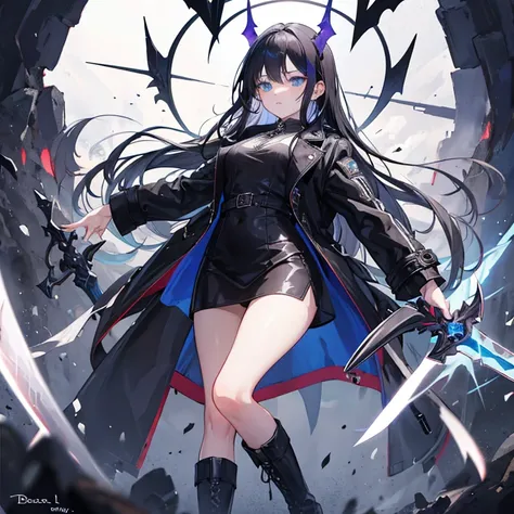 A cool girl,Long black hair and blue eyes，Black long leather trench coat，boots，Psychic，Summon the Soul of the Demonic Sword