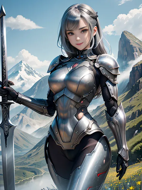 超A high resolution、An ultra-high picture quality、8K、Detailed details、marvelous expression、girl of steel、Cyborg girl、slender physique、Silver-haired short bob、wearing black metal armor、With a big sword、Run briskly、Pretty smile、mountain meadow landscape