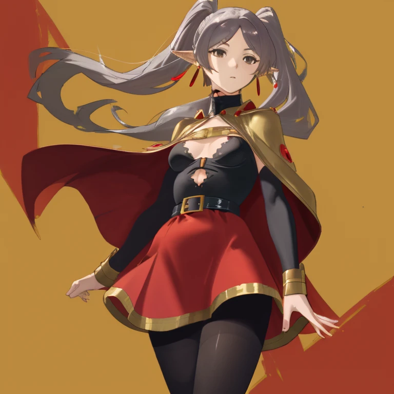 Frieren, twintails, earrings, small tits, red short dress with gold details, bare chest, short black cape, thighs, black pantyhose