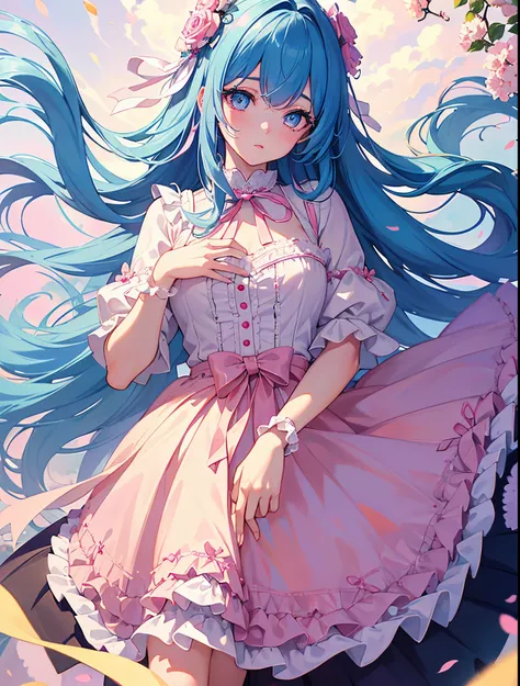 (detailed beautiful eyes and detailed face, masterpiece side light, masterpiece, best quality, detailed, high resolution illustration), (1 girl, beautiful girl, shiny skin), (sky blue hair, pink colored eyes, skirt, ribbon, button- pastel gothic lolita)(kn...