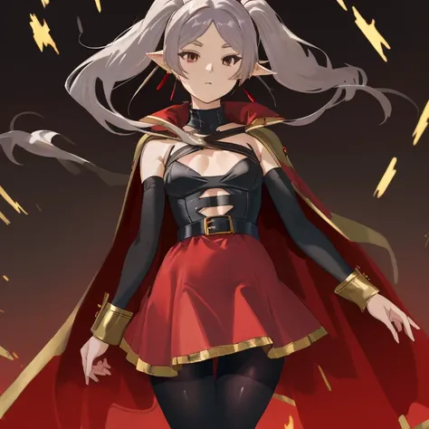 Frieren, twintails, earrings, small tits, red short dress with gold details, bare chest, short black cape, thighs, black pantyhose