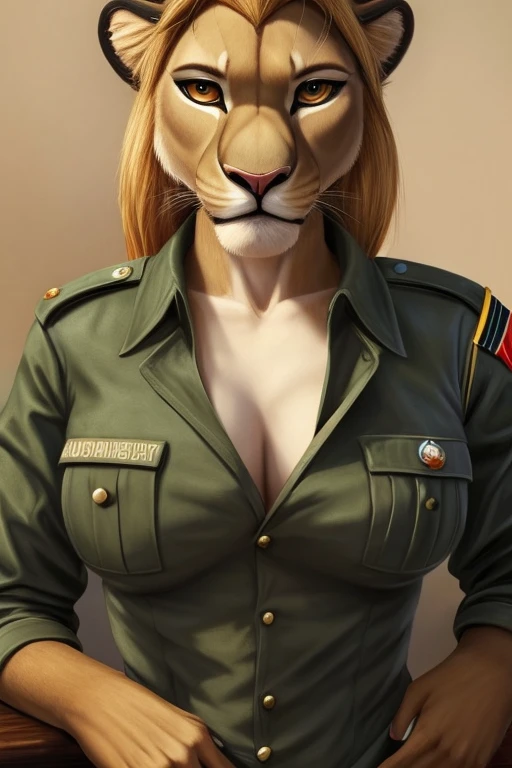 masterpiece, furry, female lioness soldier, wearing brown military clothes, detailed face, open shirt, sexy