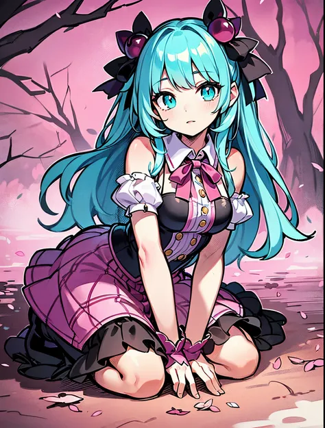 (detailed beautiful eyes and detailed face, masterpiece side light, masterpiece, best quality, detailed, high resolution illustration), (1 girl, beautiful girl, shiny skin), (sky blue hair, pink colored eyes, skirt, ribbon, button- pastel pink gothic lolit...