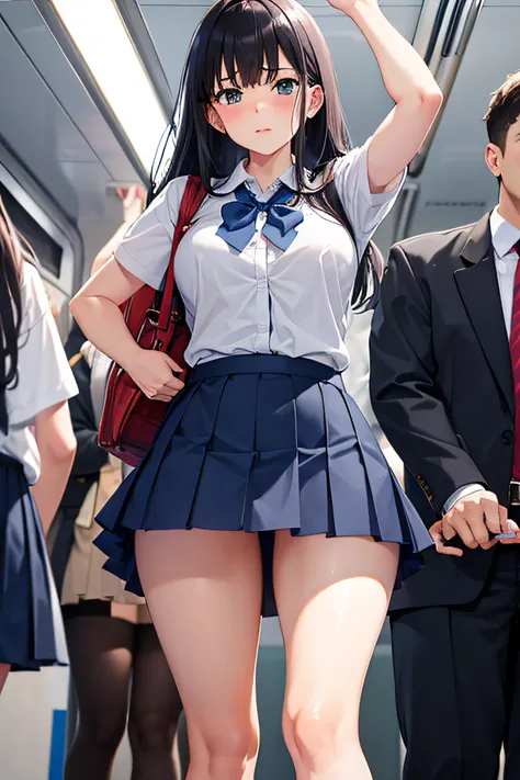 school girl being upskirted by a groper in business clothes, 1girl, 1boy,hetero, school uniform, blue check skirt, short socks, ...