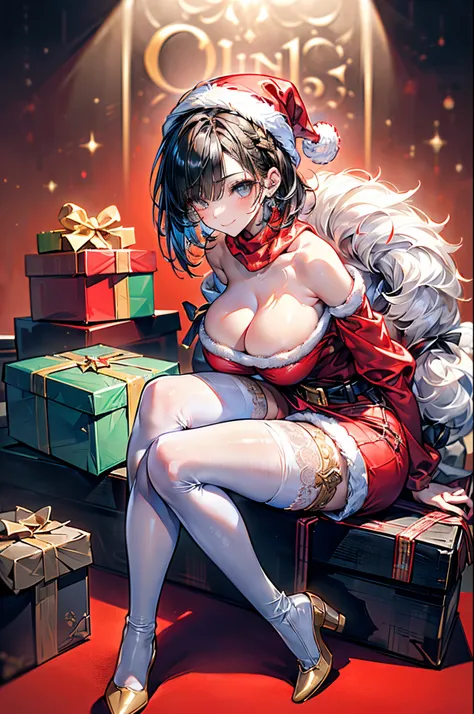 (image board:1.3), ((matured girl wearing Santa costume with far:1.3, giving a present box to viewers:1.2, close to viewers:1.2)), a matured woman with long black hair and a red outfit, red winter coat with bore, scarfs, green neckribbon, knee length long ...