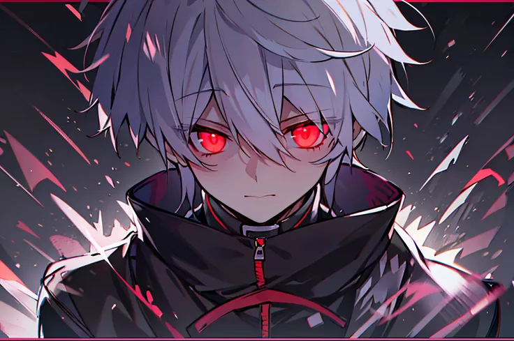 hight resolution,close range、Anime boy with white hair and red eyes staring at camera, Glowing red eyes,slim, dressed in a black outfit,Shadow Body,colorful backdrop,hair messy,yameroyandere, Diagonal angle