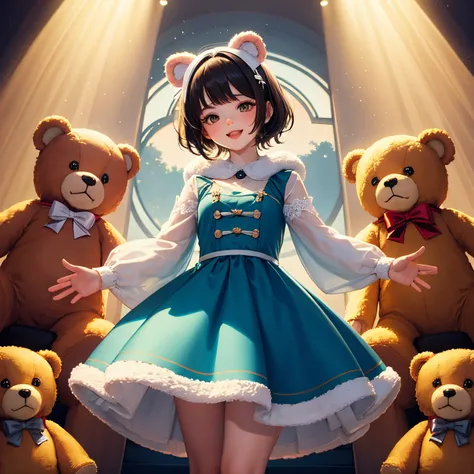 Extremely cute furry Teddy Bear baby wearing a dress and having fun，Gorgeous dreamy imaginative background，Ultra HD large image，artist style，Rich and professional lighting effects