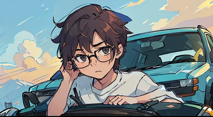 Cute male character leaning on a car and wearing glasses