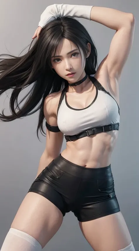 (best quality,ultra-detalhado),(Realistic:1.37),Tifa Lockhart,Rosto bonito e detalhado, expression serious, textura ultra realista, rosto delicado, corpo delicado, Fit physique