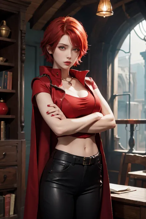 Female sorceress,red hair,short hair,red eye,red shirt,red sleeveless coat,black trousers,fantasy costume