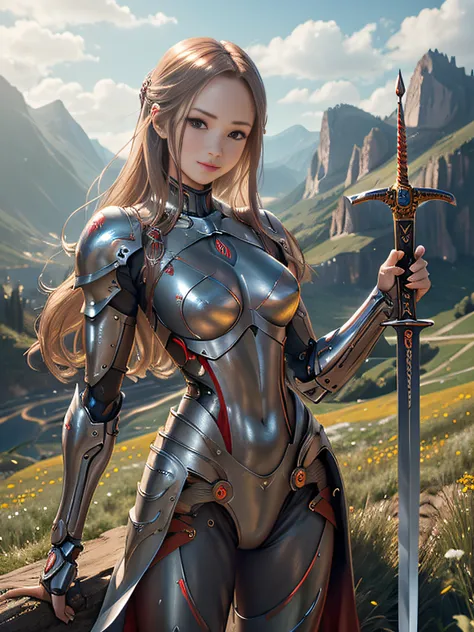 超A high resolution、An ultra-high picture quality、8K、Detailed details、marvelous expression、girl of steel、Cyborg girl、slender physique、Long Blonde Hair、Wearing red metal armor、With a big sword、Run briskly、Pretty smile、mountain meadow landscape