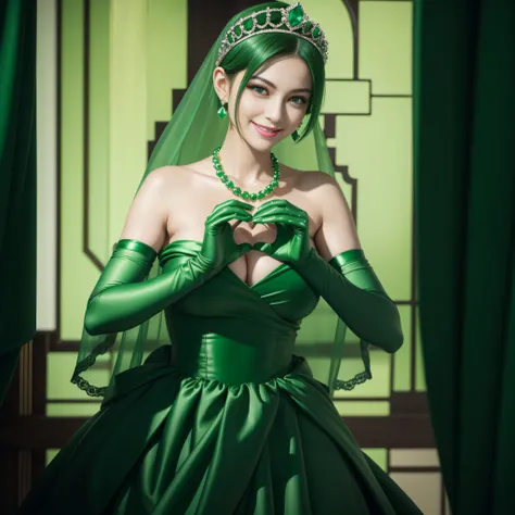 emerald tiara, Green Pearl Necklace, Boyish very short green hair, lipsticks, Japan woman smiling, very short short hair,  big breasts beautiful, Green eyes, Long green gloves made of satin material, Green eyes, Emerald Earrings, green vale, Heart with bot...