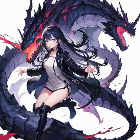 A cool girl,Long black hair and blue eyes，Black long leather trench coat，boots，Dragon Vein Awakening，World Devouring Dragon King，Top image quality