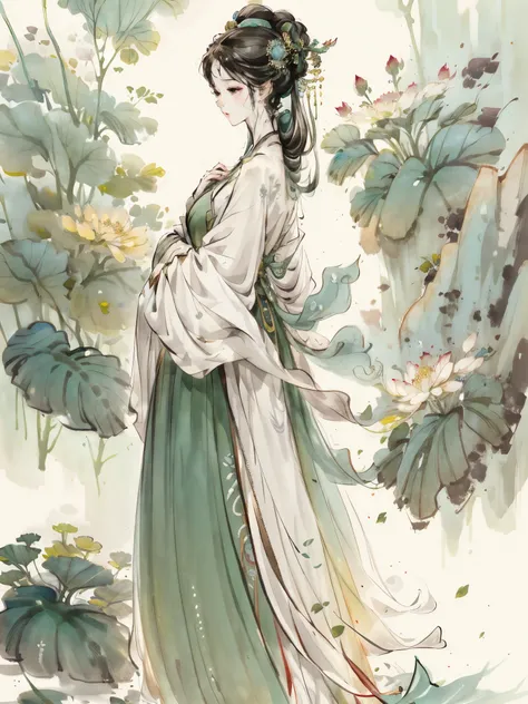 A woman is，standing in front of green plants，grown woman，Lower your head and look into the distance，ink wash style，aquarelle，Full body like，full bodyesbian，Full body woman，Adult women