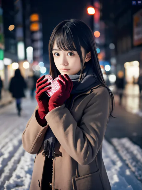 (Close up portrait of dark gray long hair with swept bangs girl in winter brown coat and scarf:1.5)、(One girl hold a Valentine gift in hands with gloves on the street in Japan at snowy night with sad face:1.5)、( Blurry background,:1.5)、(Perfect Anatomy:1.3...