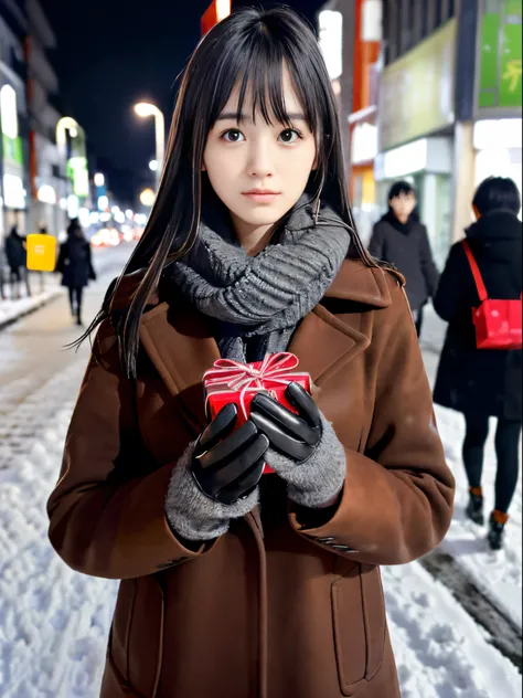 (Close up portrait of dark gray long hair with swept bangs girl in winter brown coat and scarf:1.5)、(One girl hold a Valentine gift in hands with gloves on the street in Japan at snowy night with sad face:1.5)、( Blurry background,:1.5)、(Perfect Anatomy:1.3...