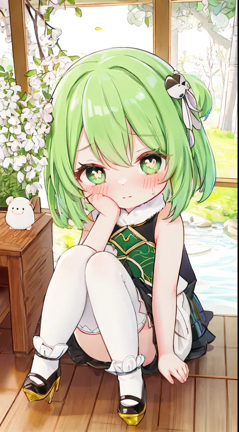 Best quality，face to the viewer，独奏，Short hair details，Cute little turtle，White stockings，Green-eyed，heart - shaped pupils，Alone，Green hair，inside a room，weeping，Very shy，夏天，weeping willow，lakeside，high-heels，Full body photo，are standing，Walked，dynamicposes...