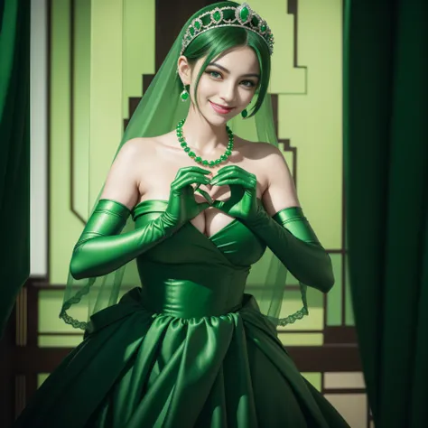 emerald tiara, Green Pearl Necklace, Boyish very short green hair, lipsticks, Japan woman smiling, very short short hair,  big breasts beautiful, Green eyes, Long green gloves made of satin material, Green eyes, Emerald Earrings, green vale, Heart with bot...