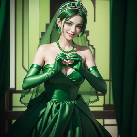 emerald tiara, Green Pearl Necklace, Boyish very short green hair, lipsticks, Japan woman smiling, very short short hair,  big breasts beautiful, Green eyes, Long green gloves made of satin material, Green eyes, Emerald Earrings, green vale, Heart with bot...