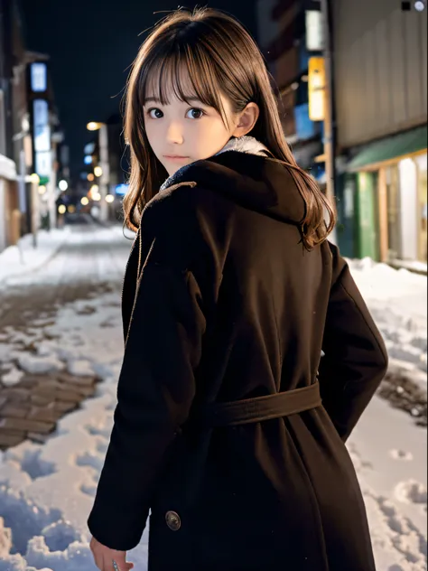 (Close-up portrait of one slender small breasts light brown long wavy hair girl in winter black coat and scarf:1.5)、(A girl turning back on the street in Japan at heavy snowy night with a sad face:1.5)、( Blurry background,:1.5)、(Perfect Anatomy:1.3)、(No ma...