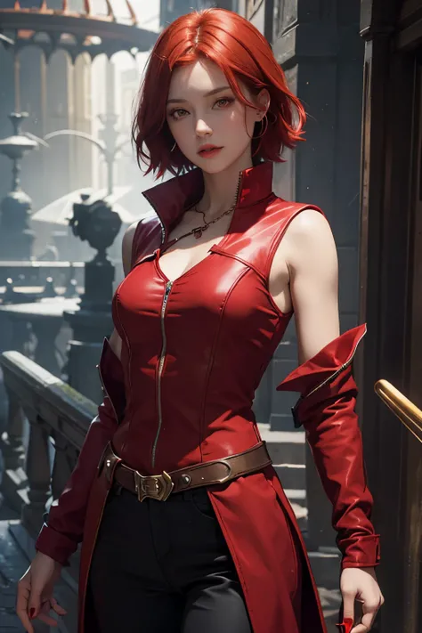 Female sorceress,red hair,short hair,red eye,red shirt,red sleeveless coat,black trousers,fantasy costume