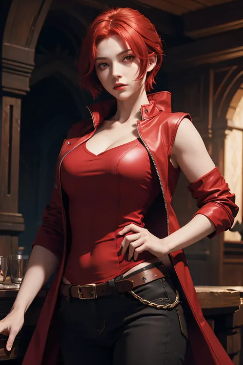 Female sorceress,red hair,short hair,red eye,red shirt,red sleeveless coat,black trousers,fantasy costume