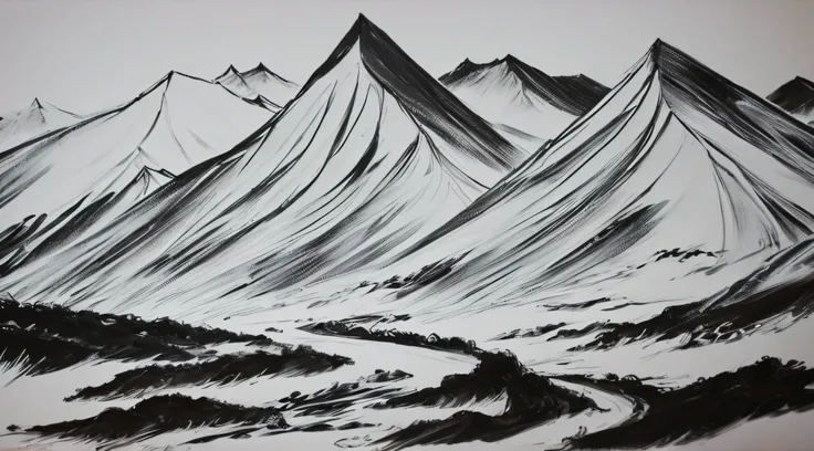 watercolor, mountain, black and white, long brush strokes, classic chinese style