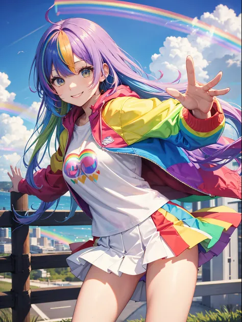 master piece,best quality, Solo woman, cute, dynamic pose, Rainbow-colored jacket, white tight T-shirt, Rainbow-colored tight skirt, shy smile, Rainbow-colored hair, long hair, waving in a strong wind hair,Rainbow-colored city,Rainbow