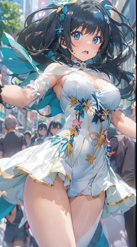 1womanl,Black hair,12year old ,((Impatient expression)),Beautiful breasts,(((Sexy magical girl white and blue high-leg bodysuit)))(())(((Blushing cheeks、Surprised look)),((())),((( portlate))),Blue eyes,(((Bangs are aligned)))(Nariko Saten)Street,Crowds(ma...