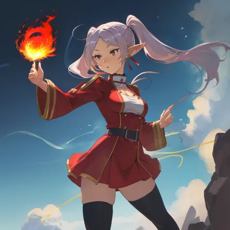 Frieren, twintails, earrings, small tits, red wizard uniform, thighs, launching fire magic,